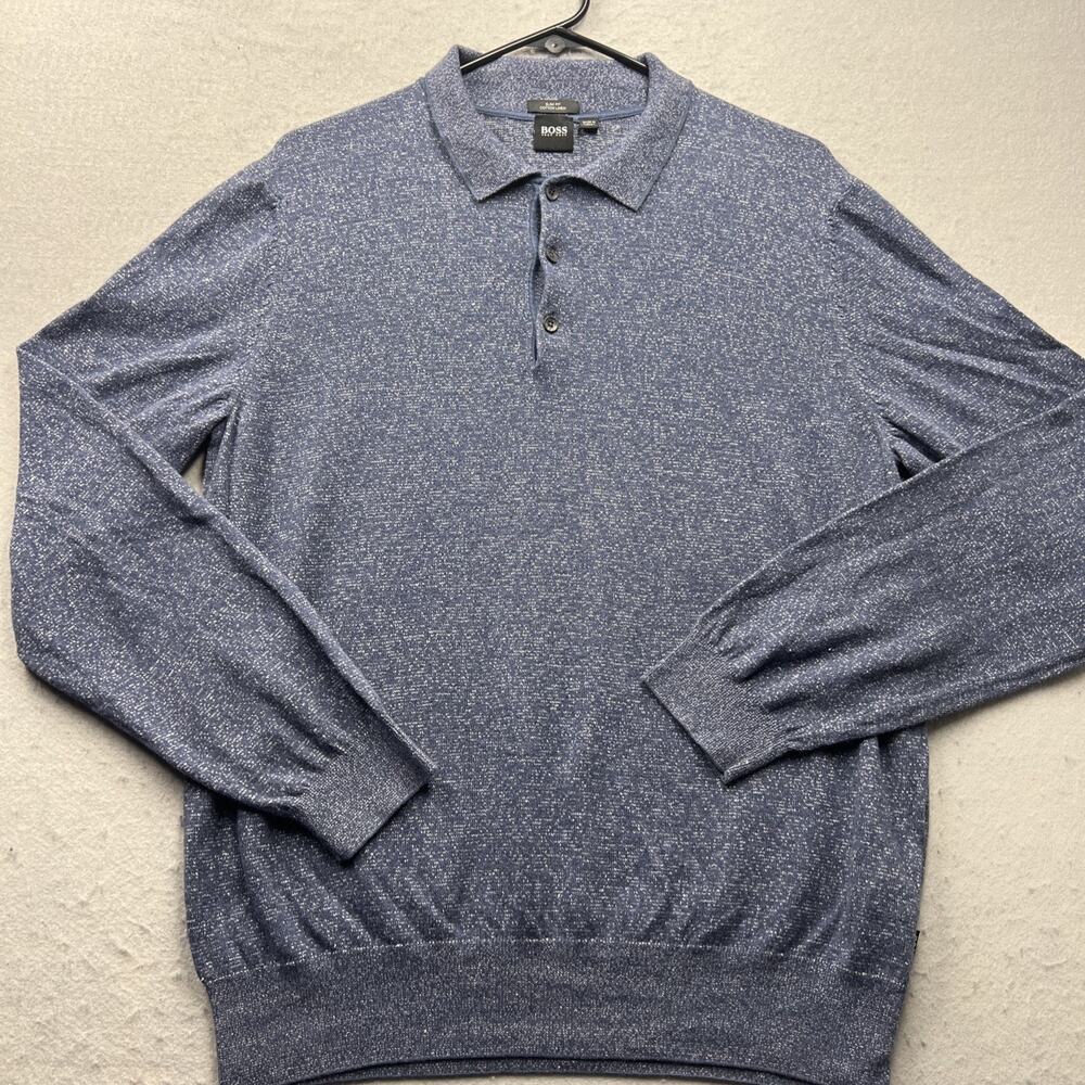 Hugo Boss Slim Fit Cotton Linen Knit Polo Sweater Mens‎ Large Blue